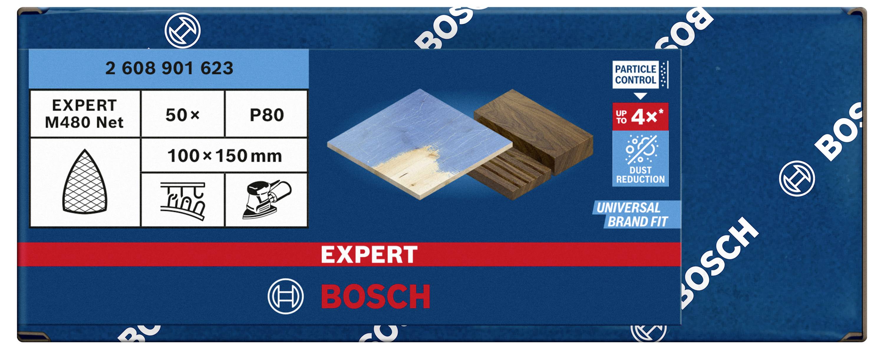 Balenie brúsneho papiera značky Bosch s nápisom 'EXPERT', vhodné na zníženie prachu a univerzálne použitie pre rôzne zariadenia.