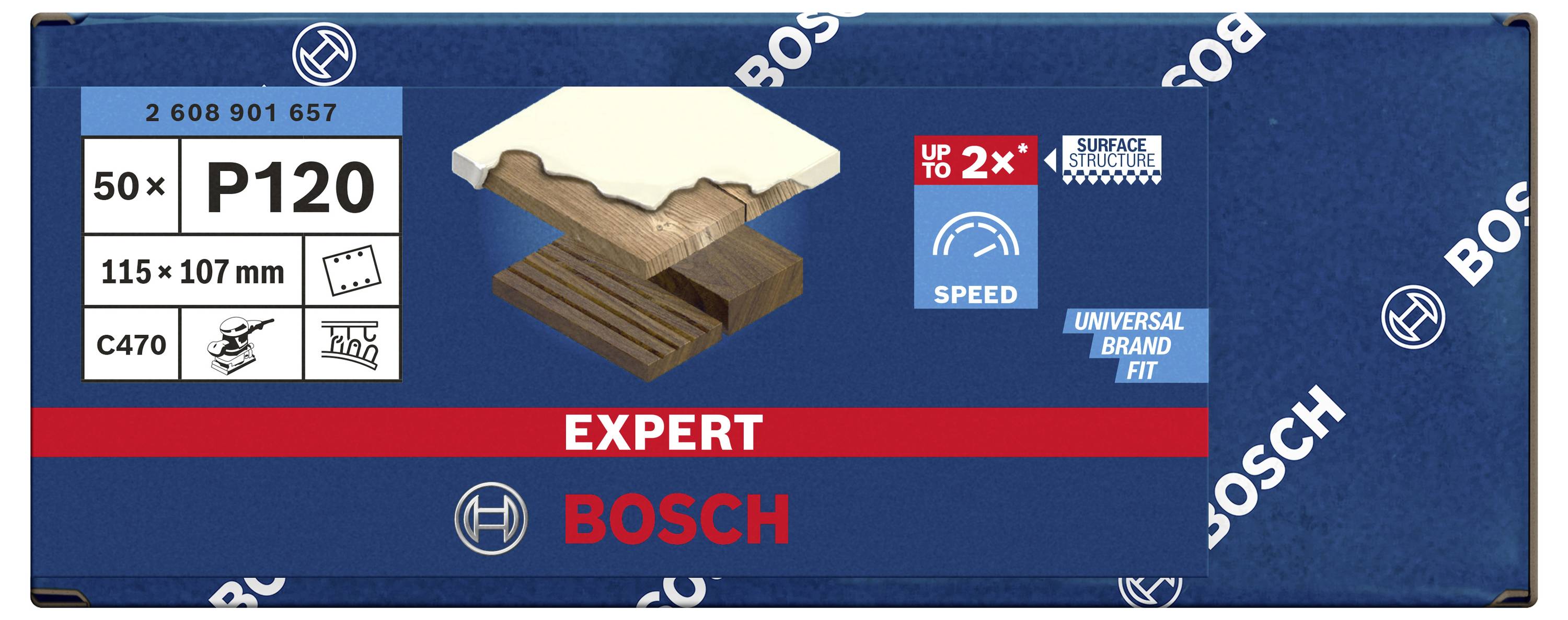 Balenie brúsneho papiera Bosch, zrnitosť P120. Obsahuje 50 kusov, rozmery 115 x 107 mm. Vhodné na drevo, dvojitá rýchlosť.