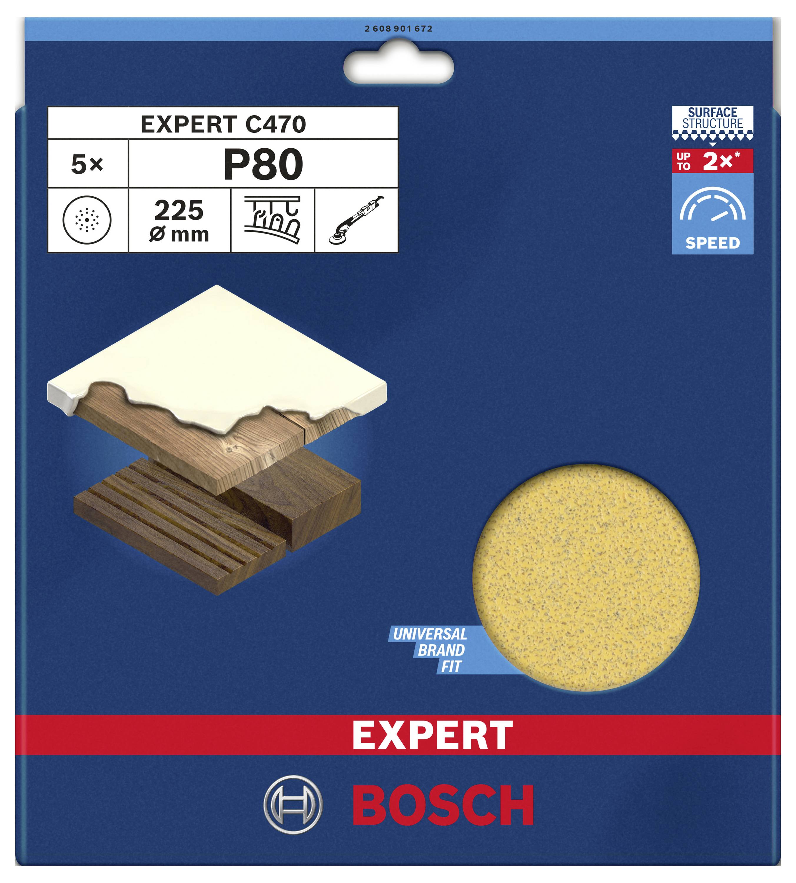 Brúsny papier Bosch 'Expert C470 P80', 5 kusov, vhodný na drevo a farbu, priemer 225 mm, rýchle brúsenie, univerzálna kompatibilita značky.