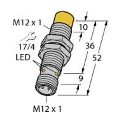 Snímač so závitom M12 x 1. Rozmery: dĺžka 52 mm, priemer 10 mm. Obsahuje LED indikátor a symbol kľúča 17/4.