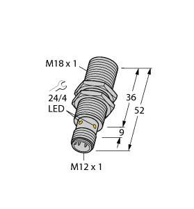 Technický výkres valcového konektora, rozmery: dĺžka 52 mm, priemer 18 mm, závit M12 a M18, LED indikátory.