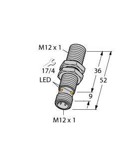 Znázornenie M12 x 1 snímača s LED indikáciou. Rozmery: 36 mm dĺžka po maticu, celková dĺžka 52 mm. LED blízko konektora.