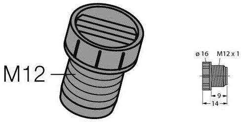 'Diagram skrutkovacieho uzáveru M12 s rozmermi: priemer 16 mm, závit M12 x 1, celková dĺžka 14 mm, dĺžka závitu 9 mm.'