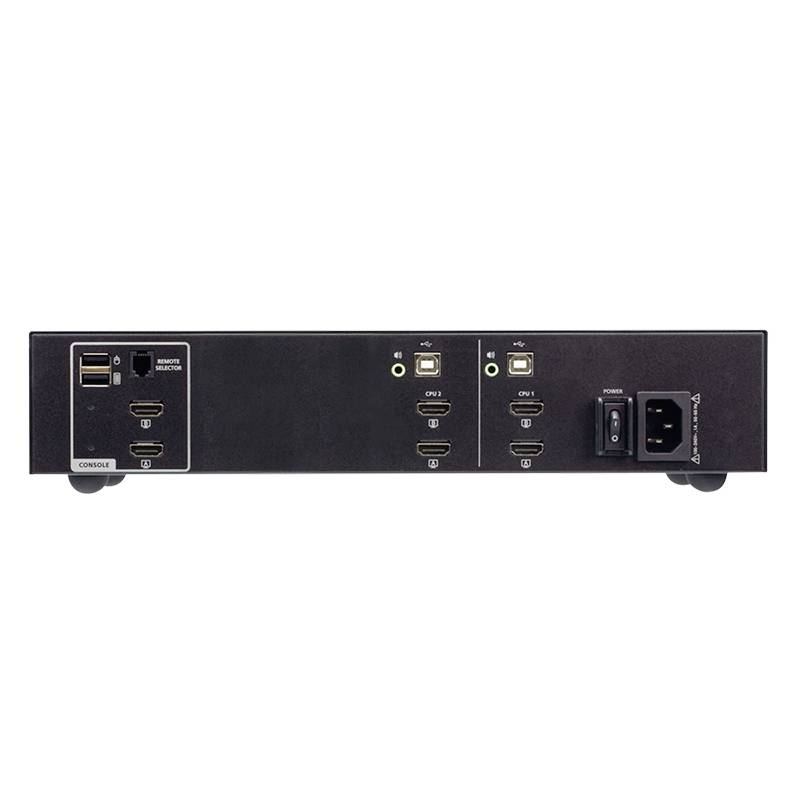Zadný pohľad na technické zariadenie s viacerými portami vrátane HDMI a USB konektorov.