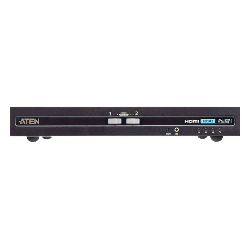 HDMI prepínač s dvoma vstupmi. Na prednej strane sú tlačidlá na výber HDMI zdrojov. Označenie 'ATEN' vľavo.