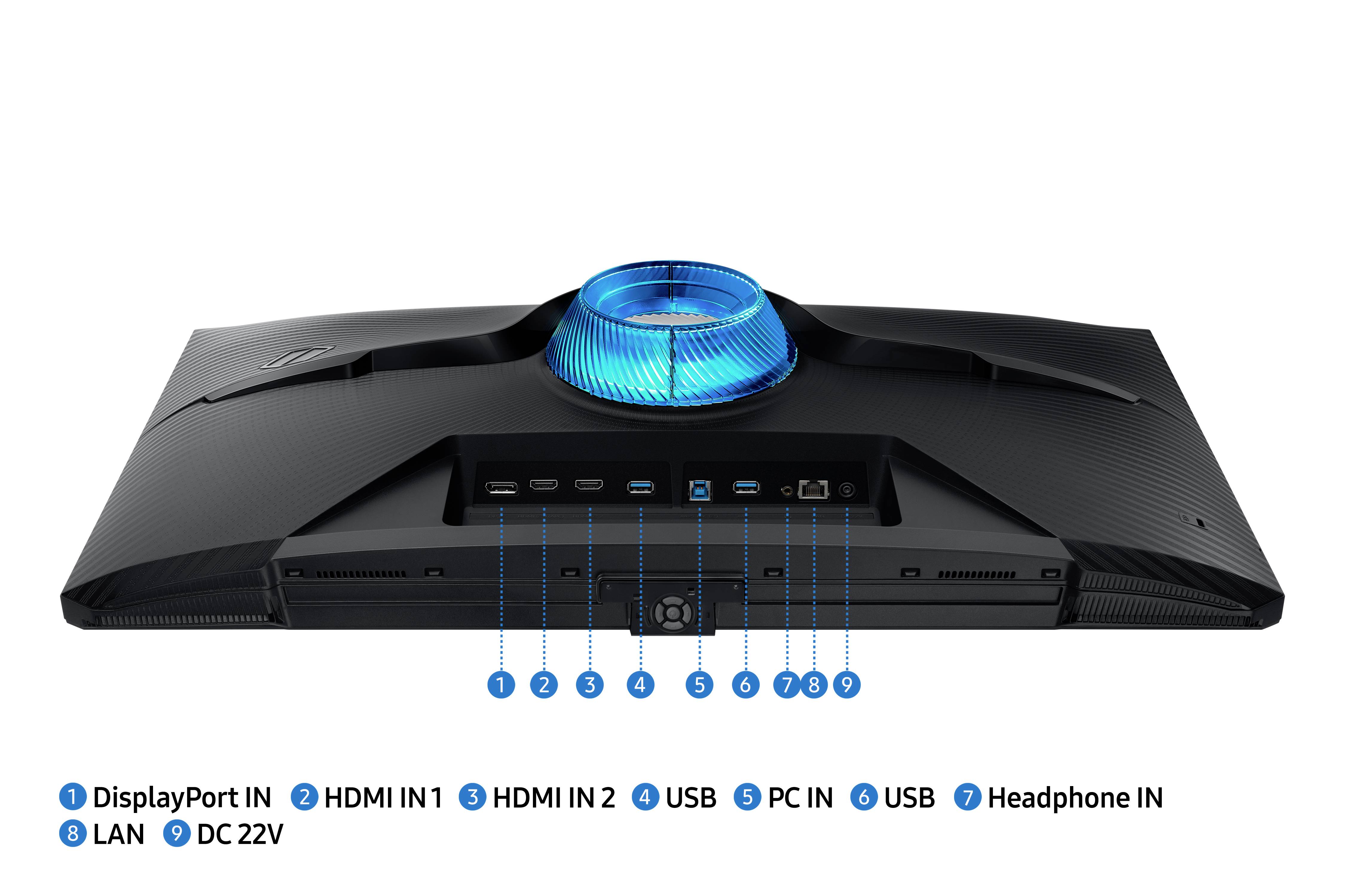 Zadná strana monitora s portami: DisplayPort, dva HDMI, dva USB, PC-In, USB, slúchadlá, LAN, napájací konektor.