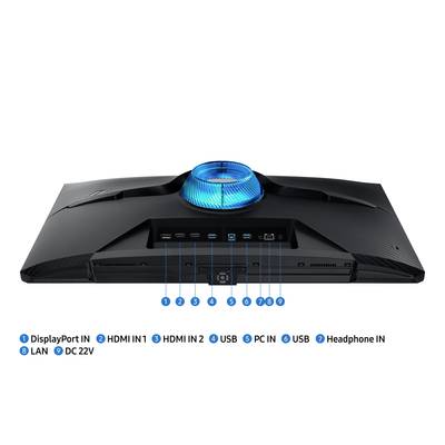 Zadná strana monitora s portami: DisplayPort, dva HDMI, dva USB, PC-In, USB, slúchadlá, LAN, napájací konektor.