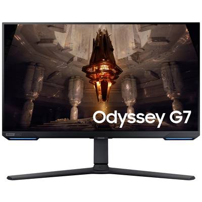 Počítačový monitor zobrazuje futuristický, oranžovo žiariaci objekt v priestore s stĺpmi. Text: 'Odyssey G7'.