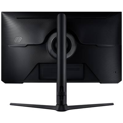 Pohľad zozadu na čierny počítačový monitor s minimalistickým dizajnom a pevnou stojanovou základňou.