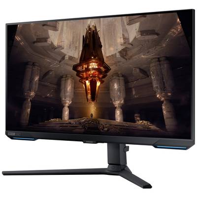 Monitor zobrazuje futuristický, osvetlený architektonický dizajn s levitujúcim, žiariacim prvkom vo veľkej hale.