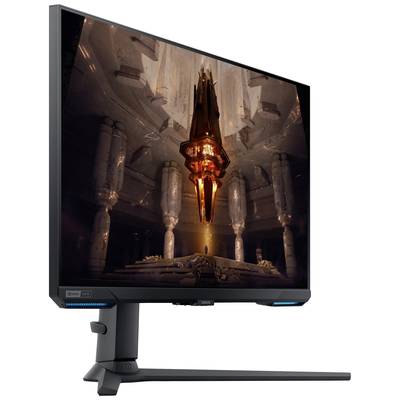 Monitor zobrazuje počítačovú animáciu vznášajúceho sa svetelného objektu v futuristickom, stĺpovitom priestore.