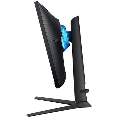 Pohľad z bočnej strany moderného počítačového monitora s elegantným dizajnom a modrou LED podsvietením na zadnej strane.