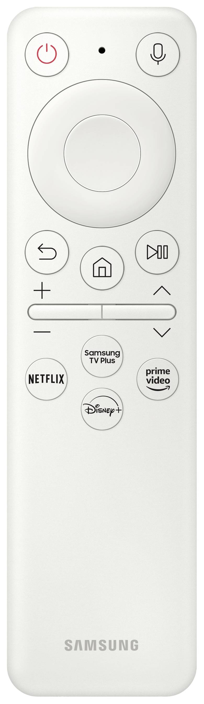 Biela diaľkový ovládač s tlačidlami pre 'Samsung TV Plus', 'Netflix', 'Prime Video' a 'Disney+'. Obsahuje navigačné tlačidlá.