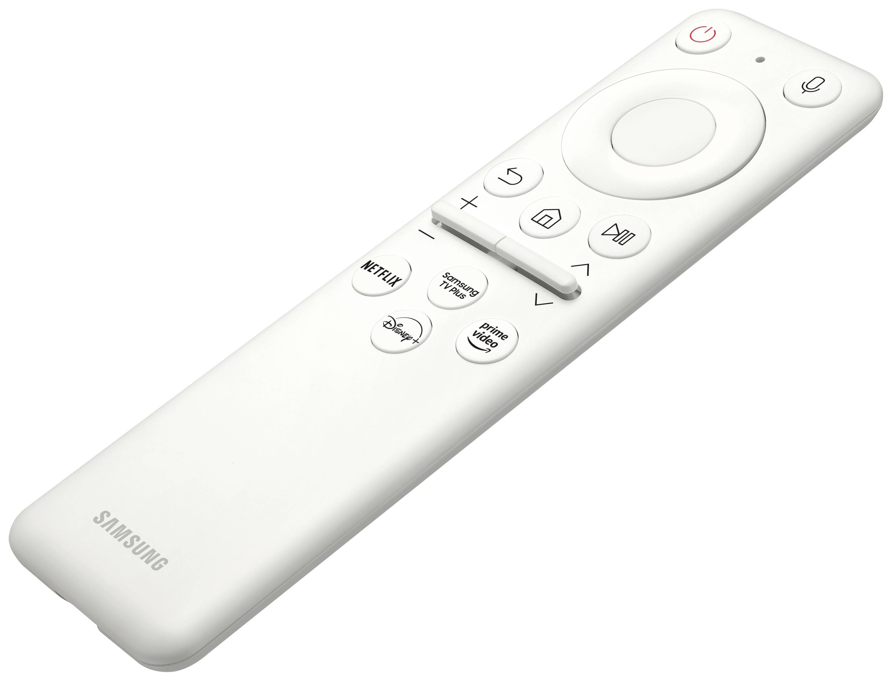 Biela Samsung TV diaľkový ovládač s tlačidlami pre Netflix a ďalšie streamovacie služby. Hore sa nachádza navigačný krížový ovládač.