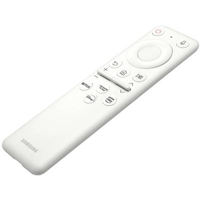 Biela Samsung TV diaľkový ovládač s tlačidlami pre Netflix a ďalšie streamovacie služby. Hore sa nachádza navigačný krížový ovládač.