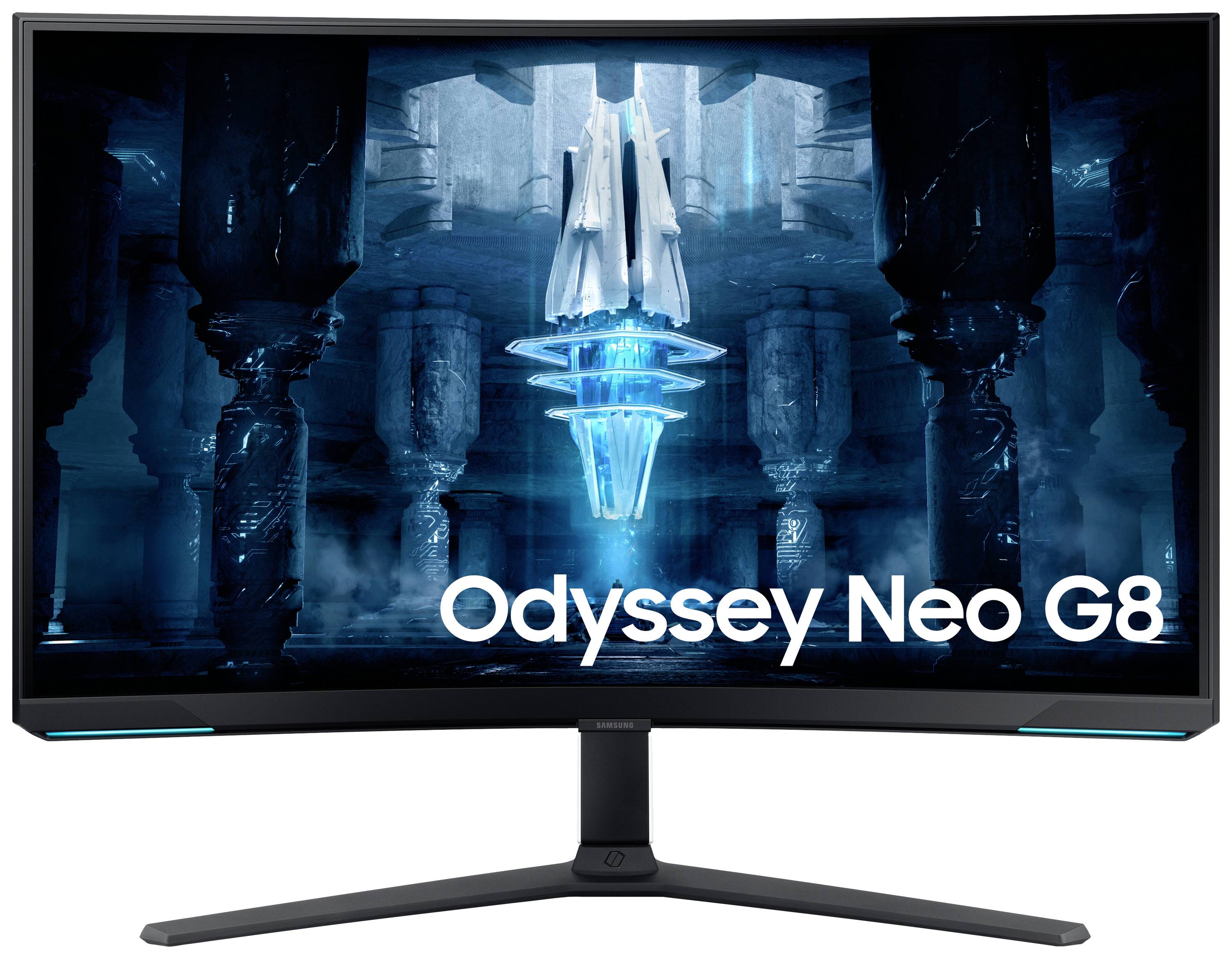 Zakrivený displej zobrazuje futuristický dizajn s modrým podsvietením. Text na obrazovke: 'Odyssey Neo G8'.