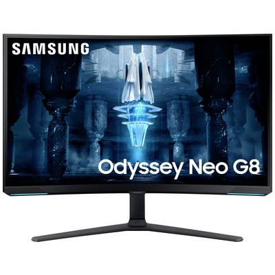Samsung Odyssey Neo G8 monitor s futuristickým modrým a čiernym obrazom na obrazovke.