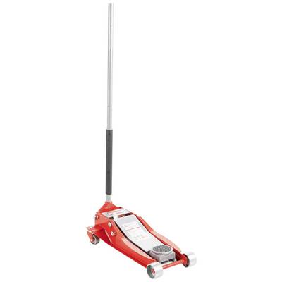 Červený hydraulický zdvihák s dlhou rukoväťou a okrúhlymi kolieskami, používaný predovšetkým na zdvíhanie vozidiel.