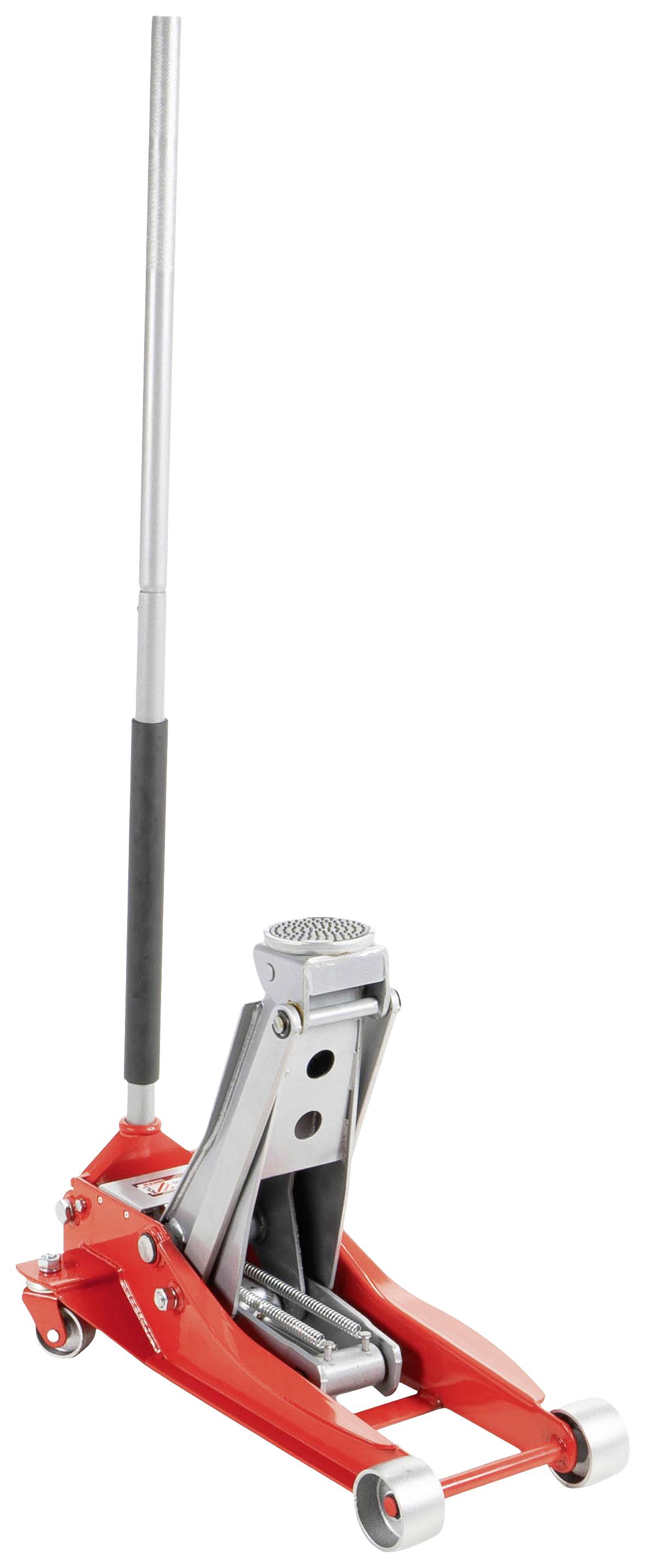 Červený hydraulický zdvihák s dlhou rukoväťou a kolieskami, vhodný na zdvíhanie vozidiel v dielňach alebo garážach.