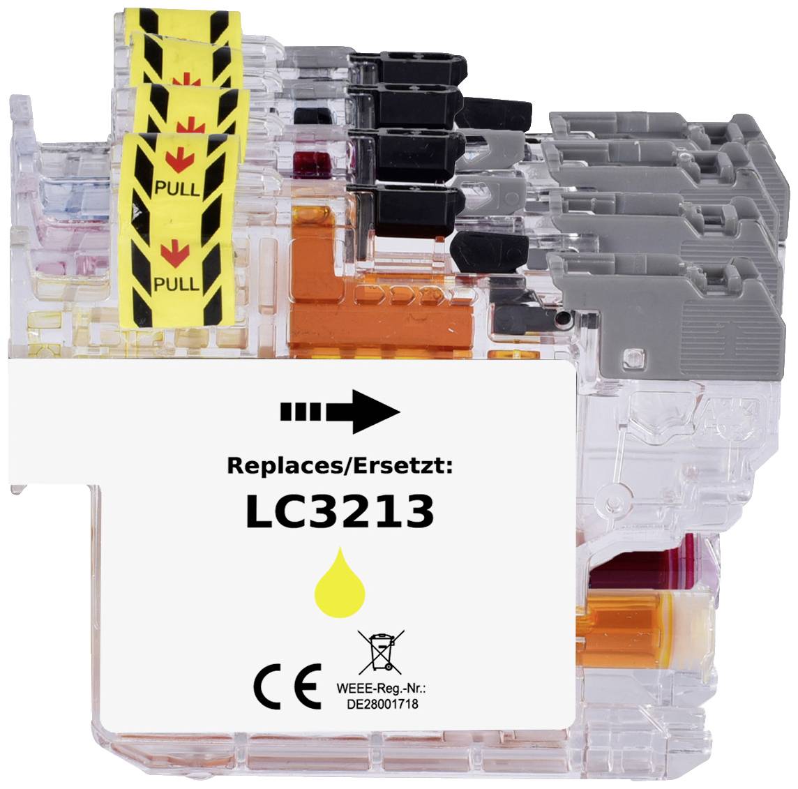 Priesvitný plastový kontajner s žltou etiketou na atramentovej náplni "Replaces/Nahrádza: LC3213". Pokyny na odstránenie: "PULL".