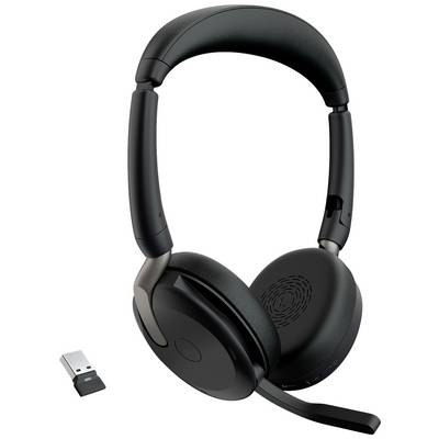Čierna bezdrôtová headset so sklopným mikrofónom, vedľa USB prijímača. Ideálna pre hands-free komunikáciu a počúvanie hudby na počítači.