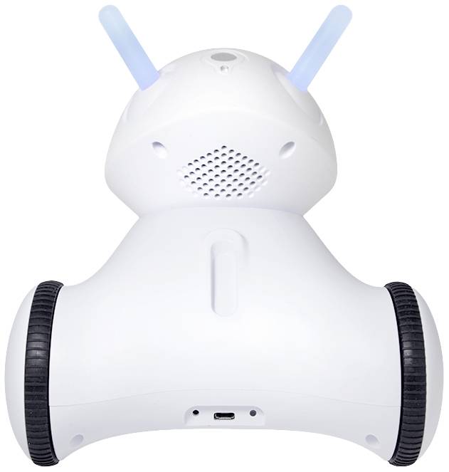 Biely, robotický predmet s dvoma kolesami a dvoma modrými anténami na plochom povrchu.