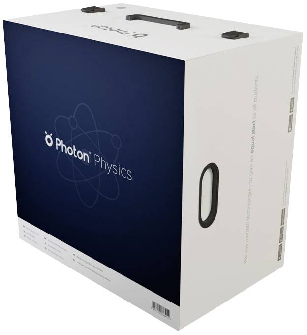Biela škatuľa s čiernou rukoväťou a modrým logom 'Photon Physics'. Škatuľa je veľká a obdĺžniková.