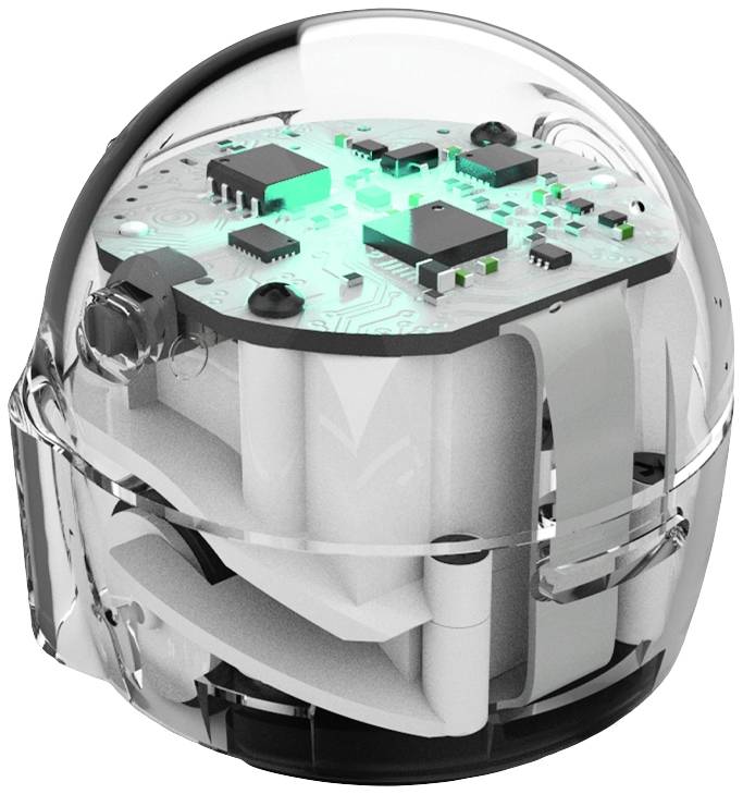 Malý, priehľadný, guľovitý robot s elektronickými súčiastkami a zelenými LED diódami vo vnútri.