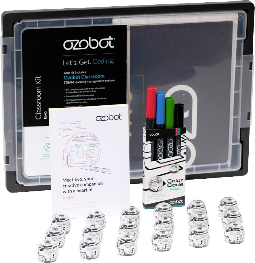 Ozobot Classroom Kit: Obsahuje Evo robota, nabíjaciu stanicu, farebné značkovače a návody. Podporuje kreatívne učenie sa a programovanie.