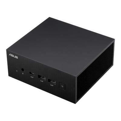 Čierny ASUS Mini-PC s viacerými USB portami a vetracími otvormi, vhodný pre kompaktné pracoviská alebo mediálne centrá.