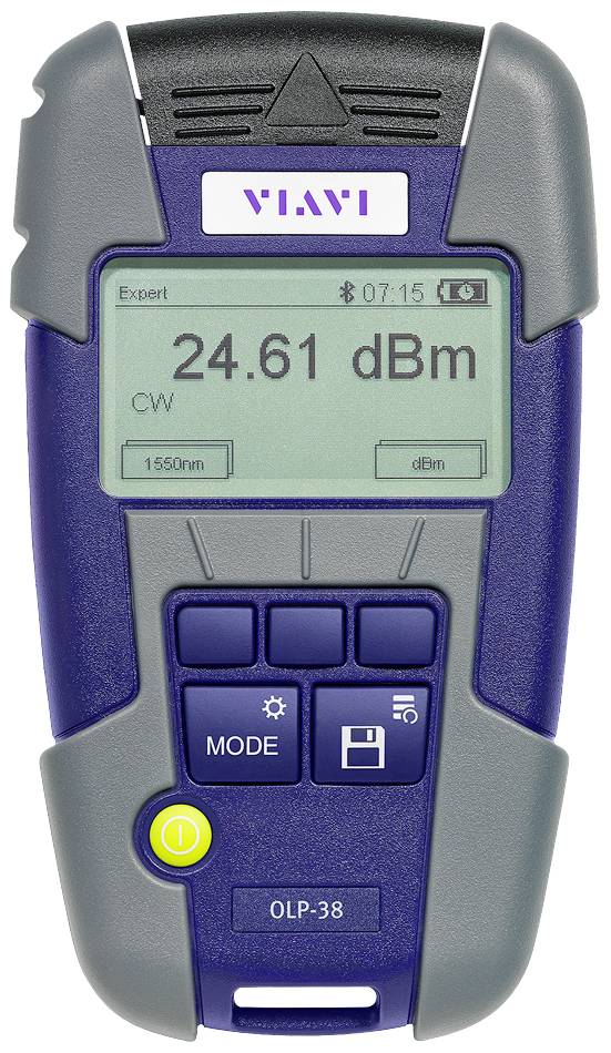 Ručne držaný merací prístroj s digitálnym displejom zobrazuje '24.61 dBm'. Prístroj má niekoľko ovládacích tlačidiel a je modro-sivej farby.
