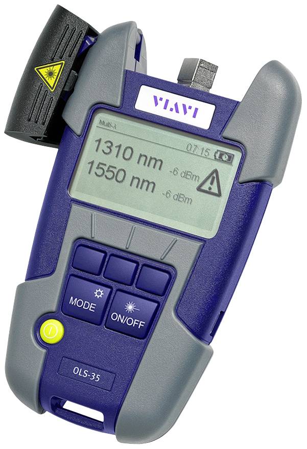 Prenosný optický merací prístroj s displejom zobrazujúcim '1310 nm' a '1550 nm'. Zobrazuje meranie výkonu v dBm. Zariadenie od spoločnosti 'VIAVI'.
