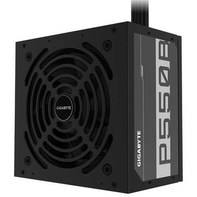 Čierna napájacia jednotka Gigabyte PC so širokou vetracou mriežkou a sivým štítkom 'P550B' na boku. Káble umiestnené hore.
