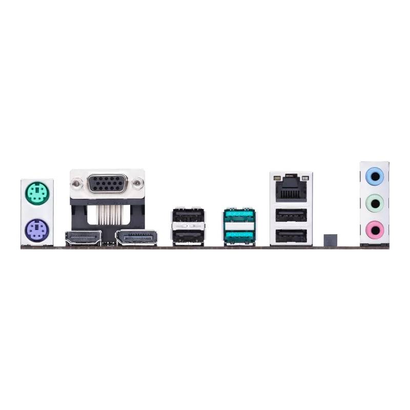 Zadná strana počítačovej základnej dosky s rôznymi konektormi vrátane HDMI, USB, Ethernet, VGA a audio zásuviek.