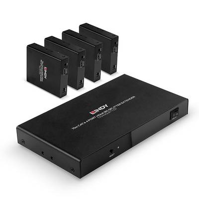 Čierny HDMI rozvádzač od Lindy so štyrmi pripojenými výstupmi. Vhodný pre distribúciu HDMI signálov do viacerých zariadení.
