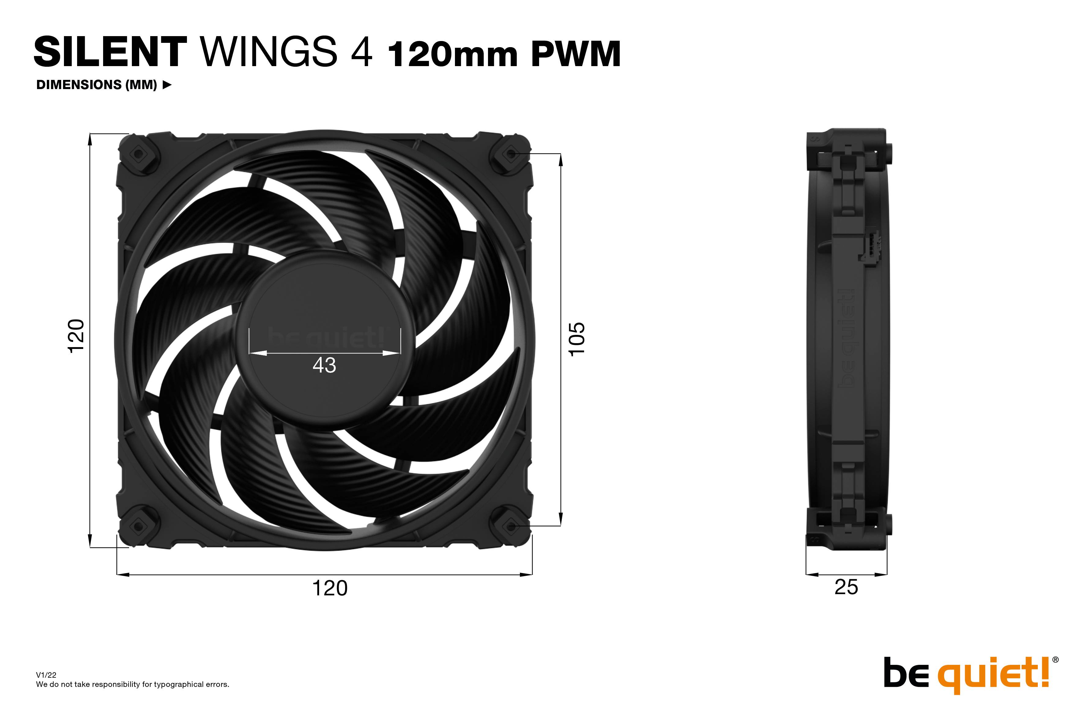 Tichý ventilátor Silent Wings 4 120mm PWM od be quiet! Rozmery: 120x120x25mm. Čierny ventilátor s deviatimi lopatkami, pohľad z boku a spredu.