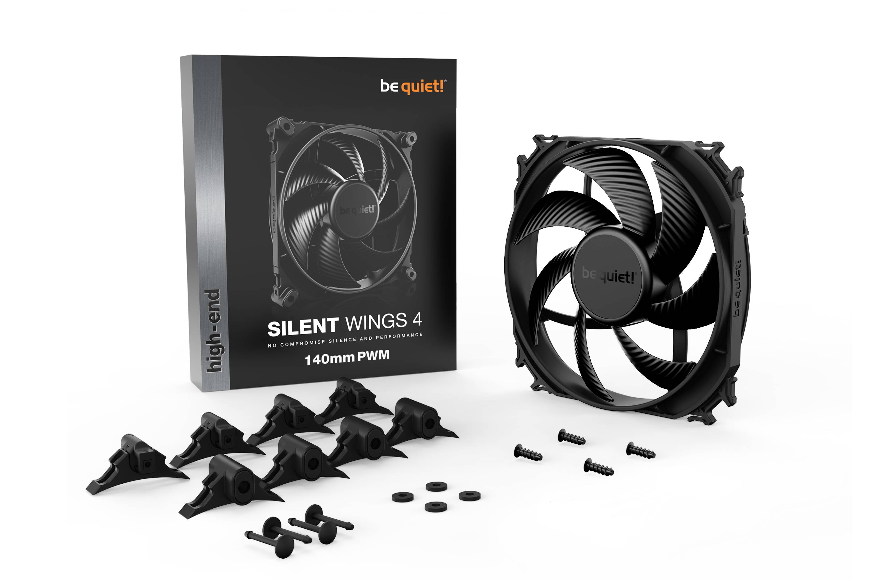 Sada PC ventilátorov 'Silent Wings 4' značky be quiet! Obsahuje 140mm PWM ventilátor, montážne príslušenstvo a obal.