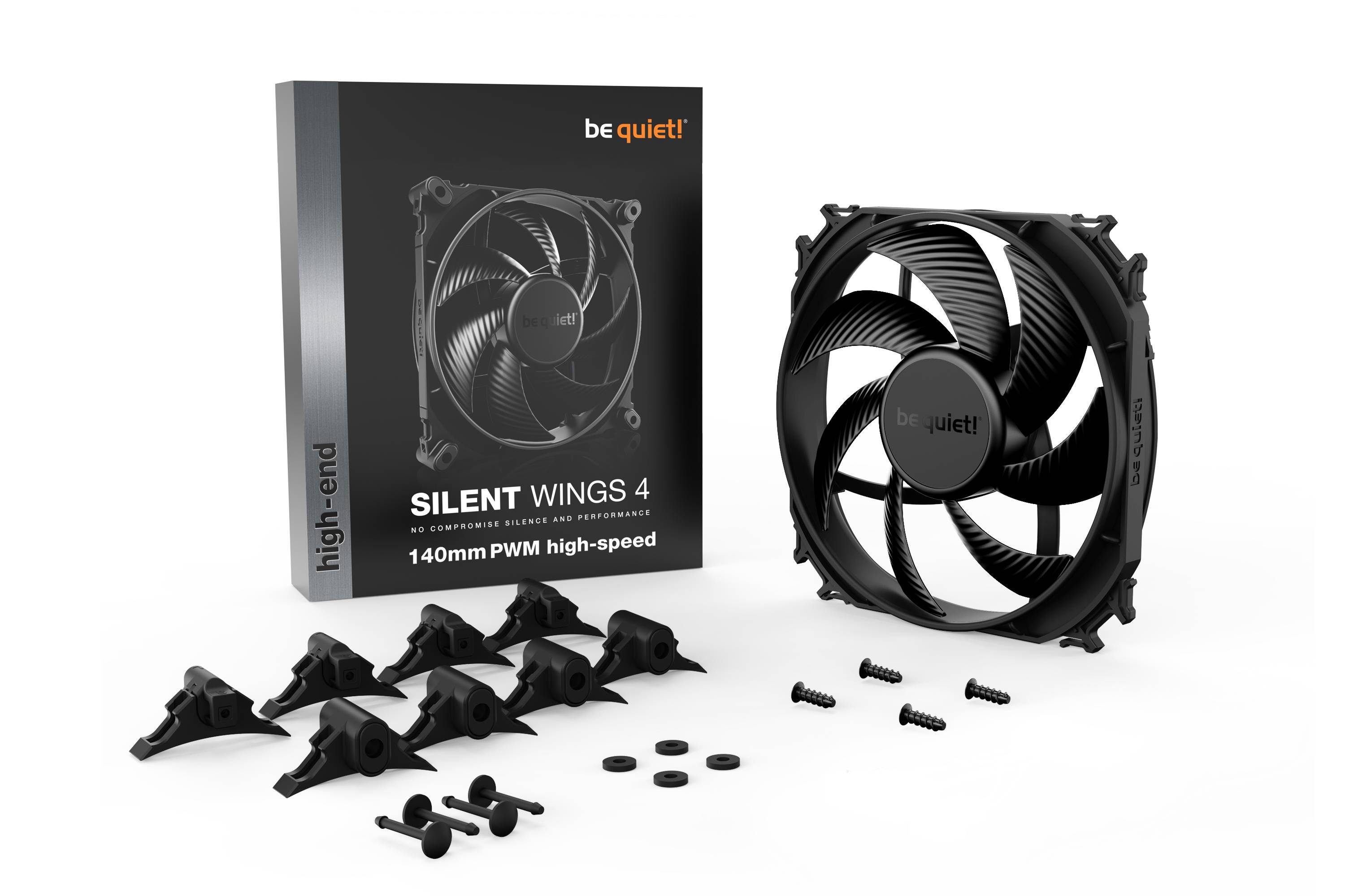 PC ventilátor 'be quiet! Silent Wings 4' s príslušenstvom: montážna sada a skrutky. Vhodný pre výkonné chladenie s nízkym hlukom.