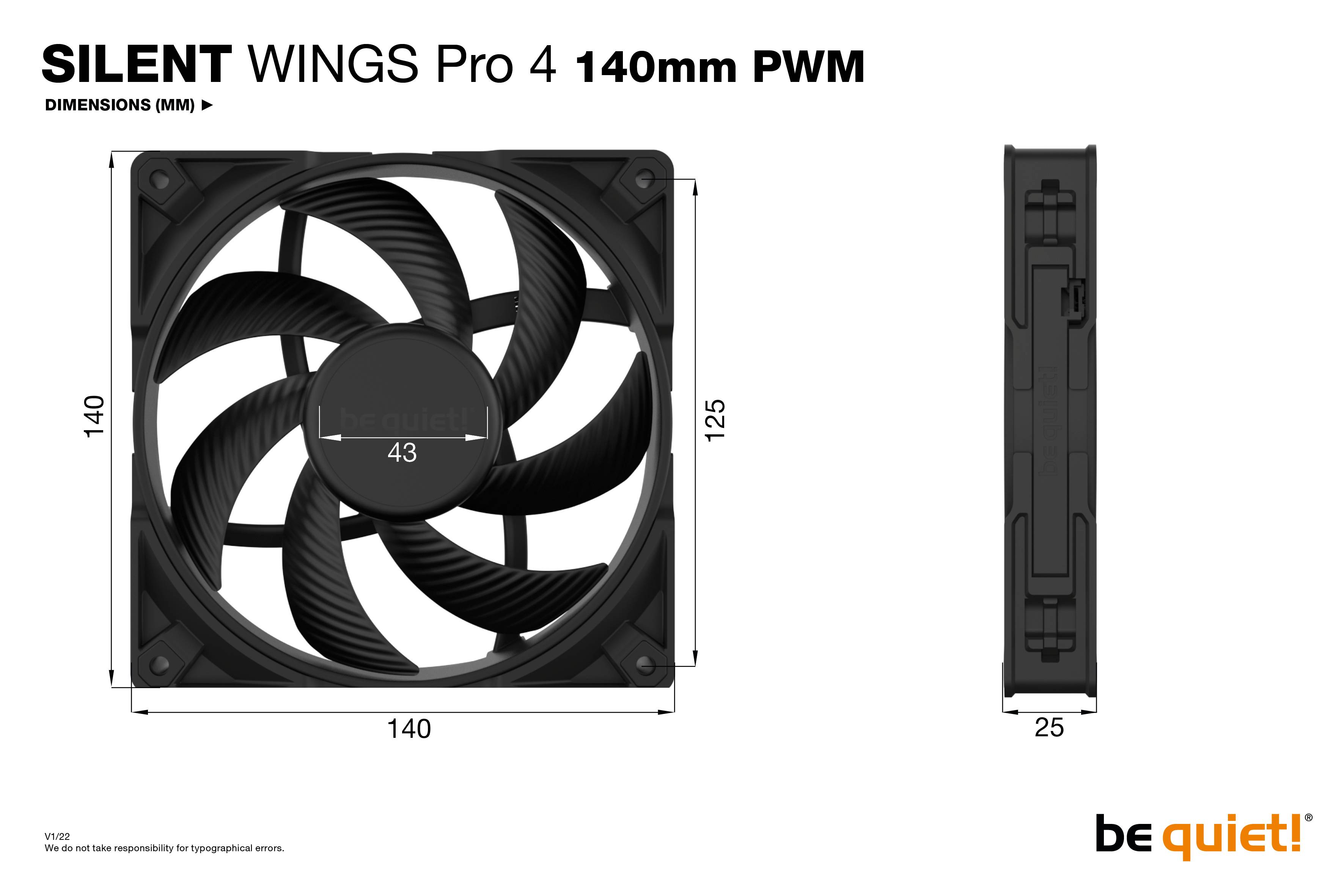„Potichu! Silent Wings Pro 4 140mm PWM ventilátor" a zobrazuje rozmery ventilátora: 140mm šírka, 140mm výška, 25mm hĺbka.