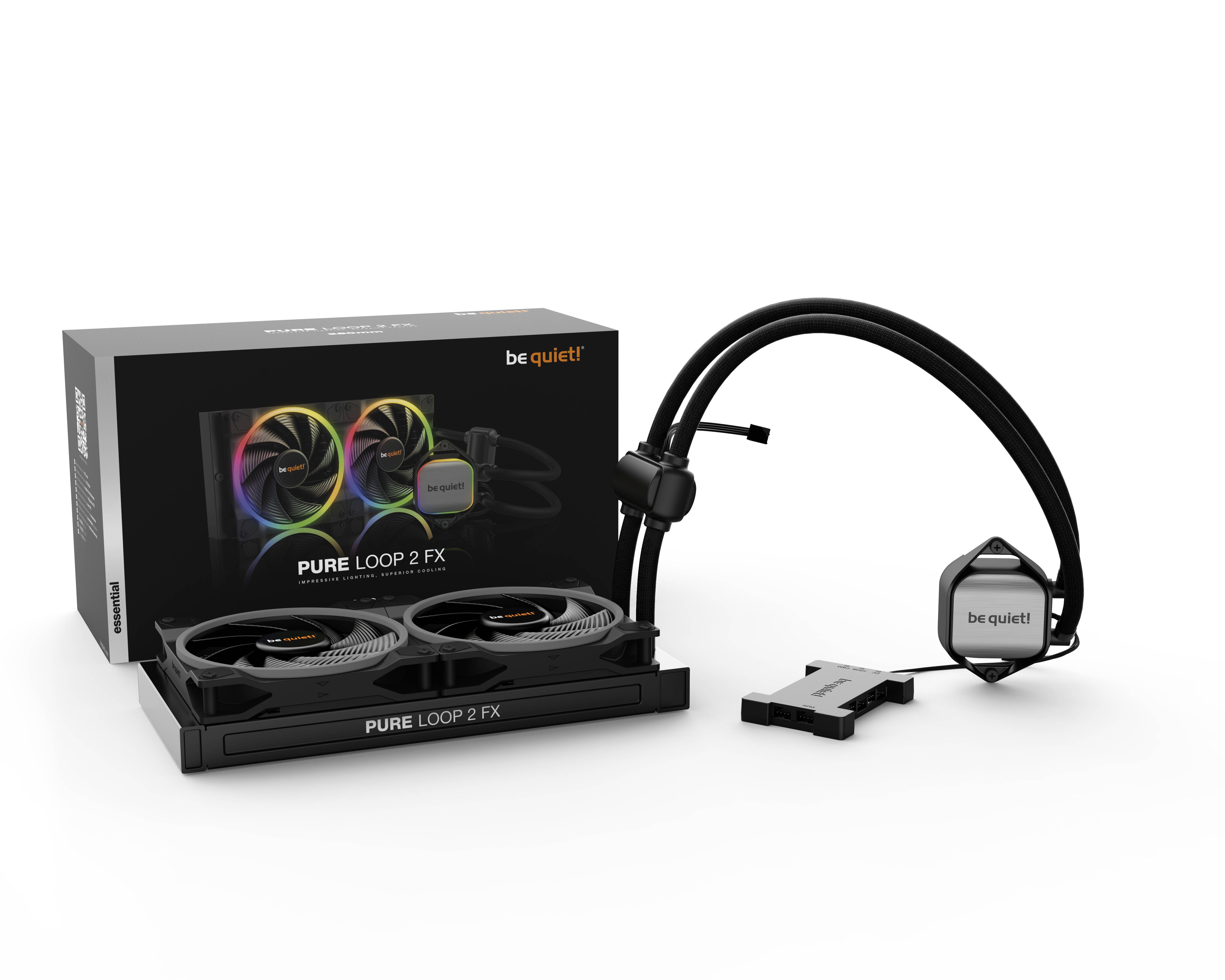 Chladič CPU 'be quiet!' PURE LOOP 2 FX pozostávajúci z dvoch RGB vetrákov, čerpadla a príslušenstva, pred obalom.