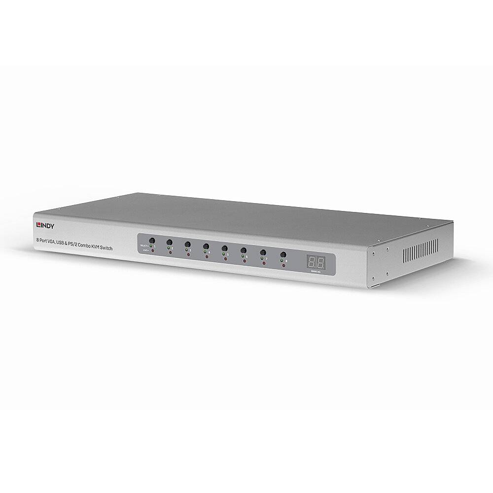 8-portový KVM prepínač s USB a DVI prípojkami, vhodný pre centrálnu správu viacerých počítačov prostredníctvom jedného zariadenia.