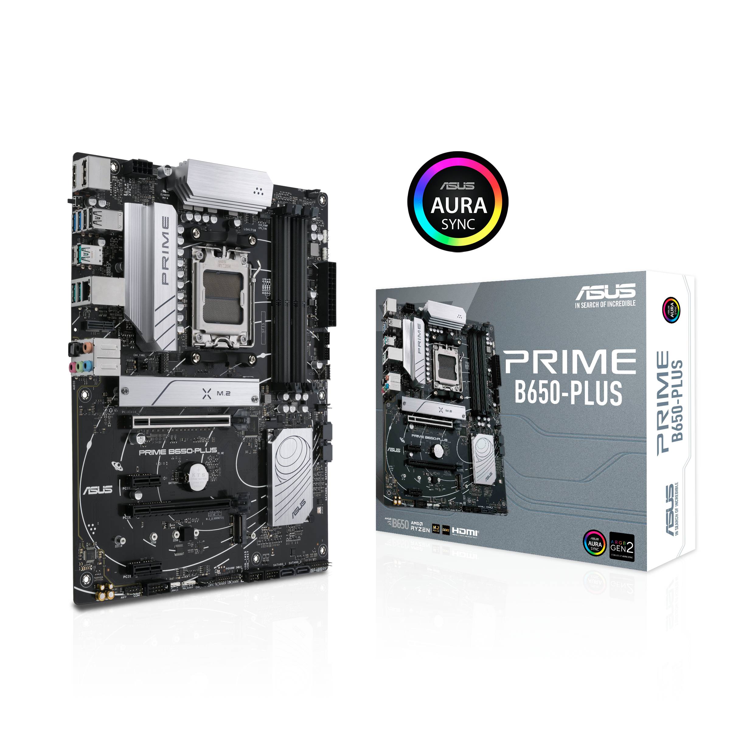 Základná doska ASUS Prime B650-Plus so strieborným a čiernym dizajnom. Podporuje procesory AMD Ryzen. Balenie znázorňuje rovnaký model.