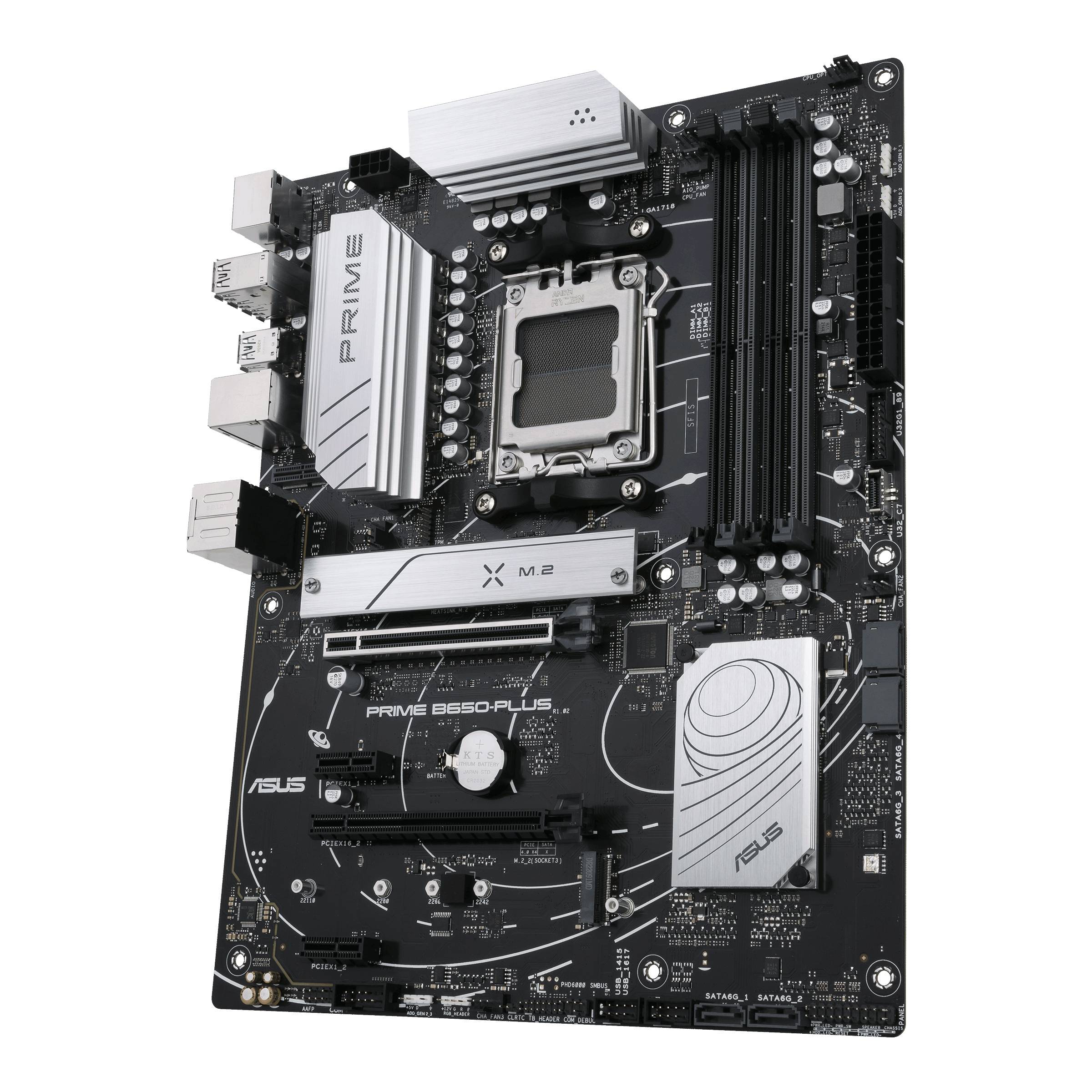Základná doska ASUS PRIME B550-PLUS zobrazuje konektory a sloty pre procesor, operačnú pamäť RAM a rozširujúce karty.