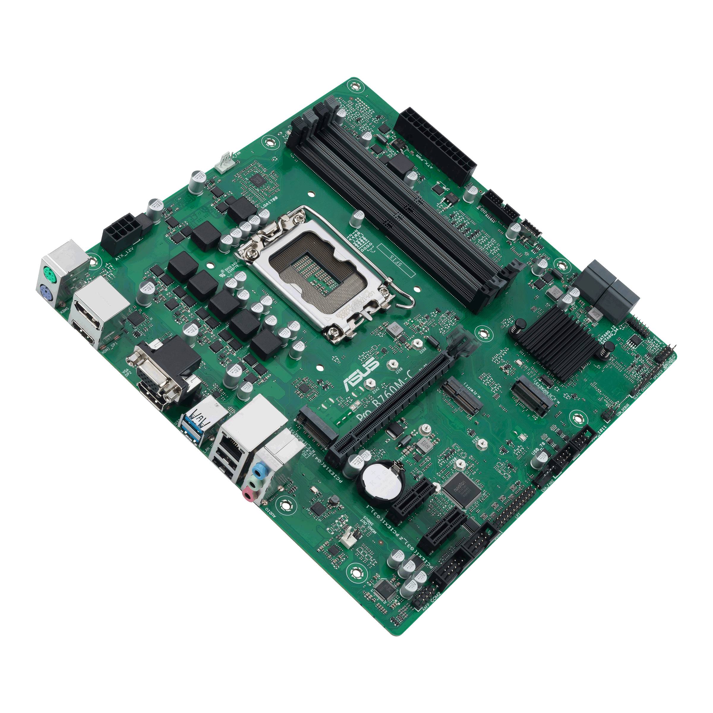 Na obrázku je zelená počítačová základná doska s rôznymi slotmi a konektormi vrátane socketu pre procesor (CPU) a pamäť RAM.