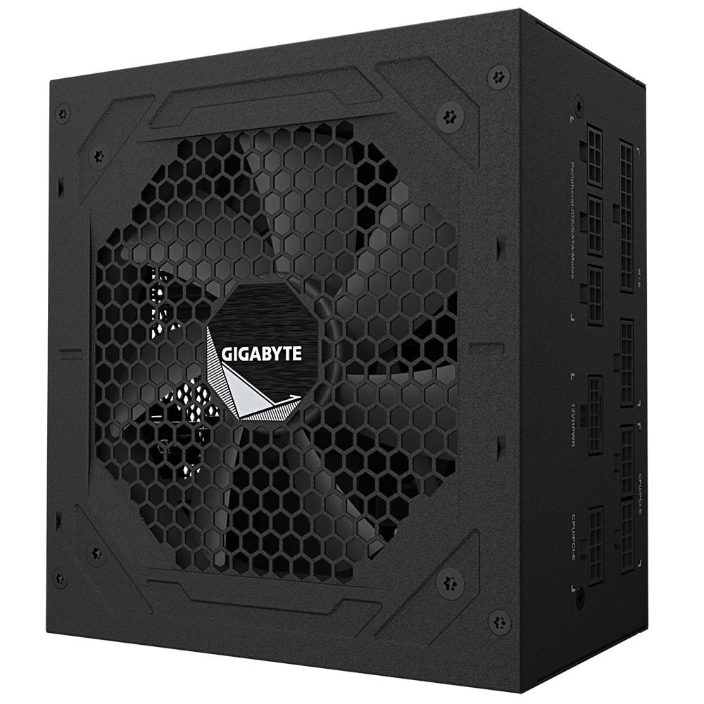 Čierne GIGABYTE napájanie s ventilátorom a dizajnom včelej plástoviny, vhodné pre počítačové skrine.