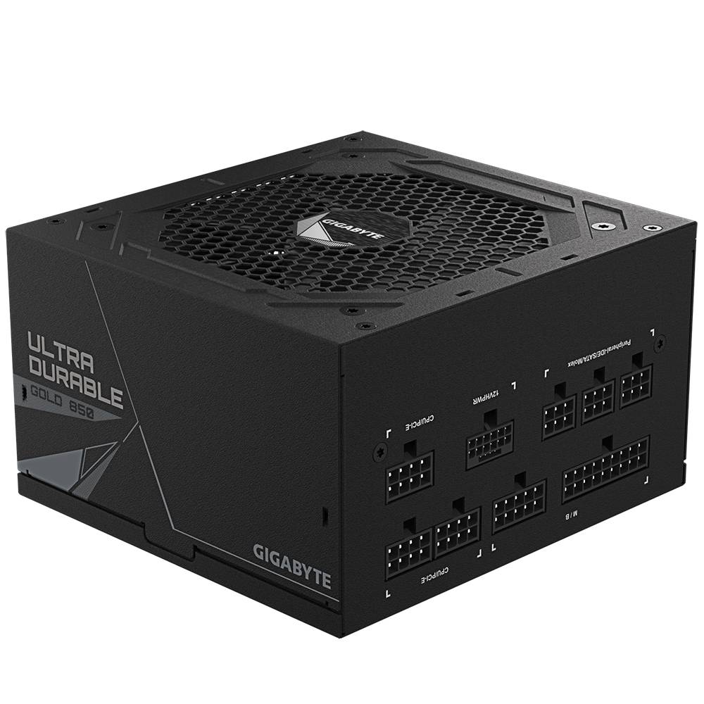 Čierna gigabytová napájacia jednotka, model 'Ultra Durable Gold 650', s viacerými konektormi a ventilátorom na hornej strane.