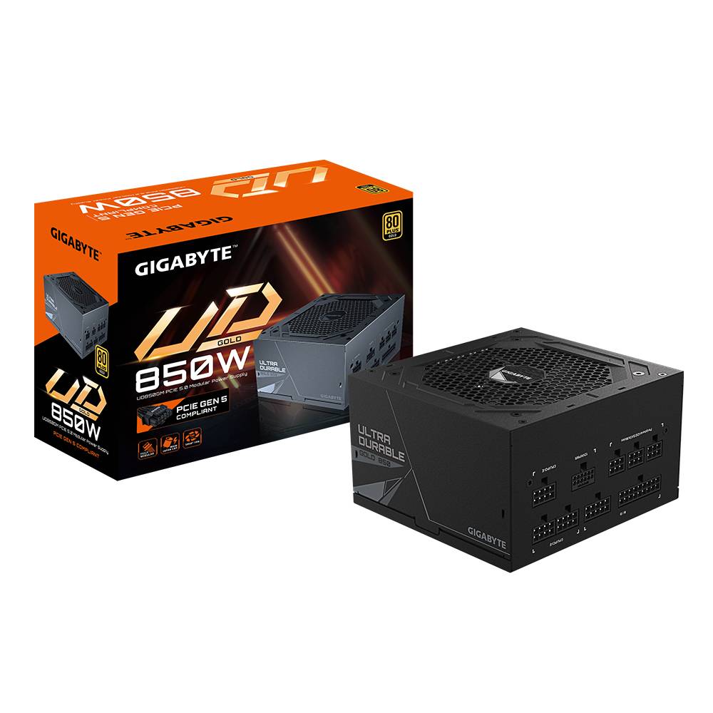 Sieťový zdroj Gigabyte UD850GM 80 PLUS Gold v čiernom kryte, zobrazený s obalom. Vhodný pre počítače s vysokou energetickou náročnosťou.