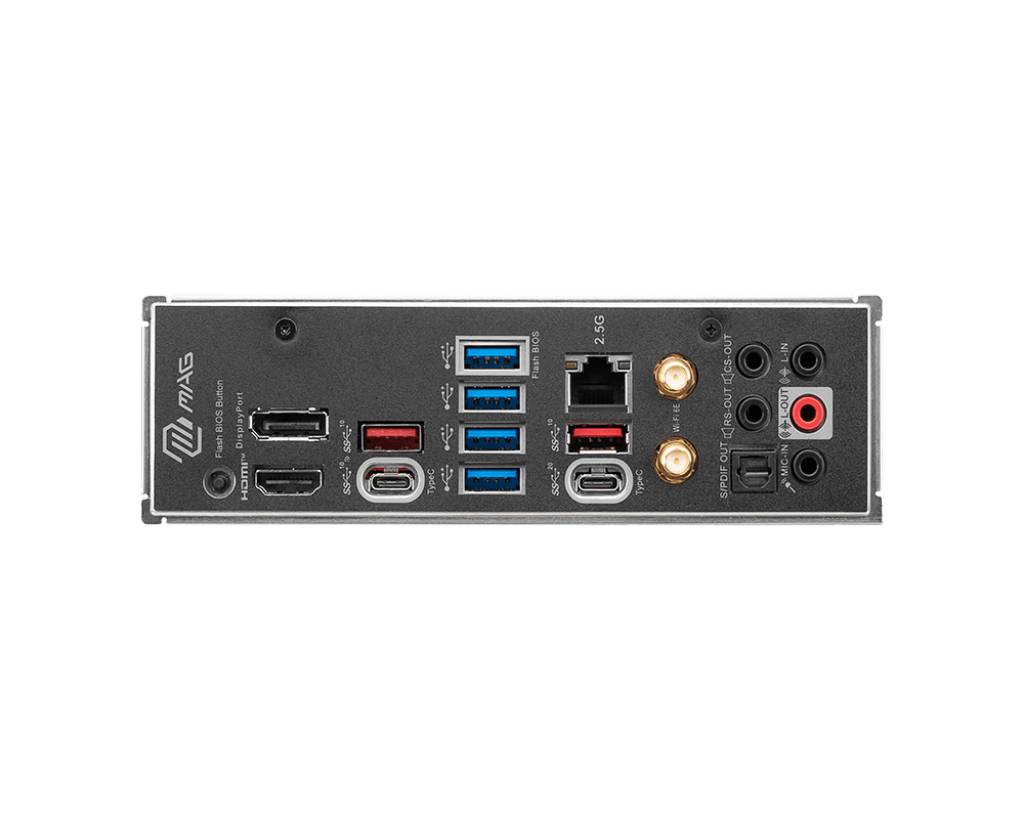 Zadná strana základnej dosky s rôznymi konektormi: HDMI, USB, USB-C, Ethernet a audio. Logo značky vľavo hore.