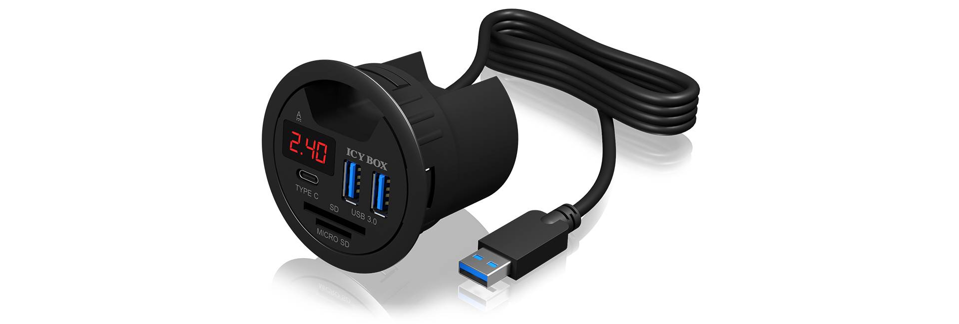 Čierna USB nabíjačka do automobilu so zapaľovačom, digitálnym displejom, dvoma USB portami, čítačkou SD kariet a USB-C konektorom.