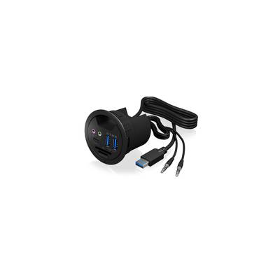 Čierny USB hub s viacerými portami vrátane USB 3.0, audio konektorov a čítačky SD kariet, prepojený káblom.